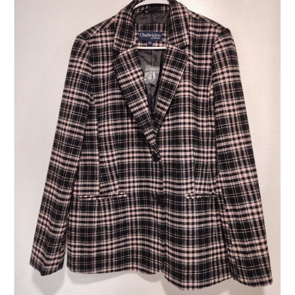 Chadwicks Of Boston Pink Black Plaid Wool Blend Blazer Size 14 Single Breast